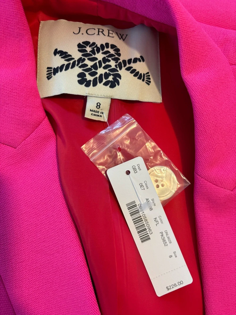 J. Crew Bright Pink Double Breasted Blazer Size 8 NWT
